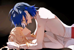 Rule 34 | 1boy, 1girl, athrun zala, bandaged chest, bare arms, blonde hair, blue hair, brown eyes, cagalli yula athha, couple, eye contact, from side, green eyes, grey tank top, gundam, gundam seed, hetero, highres, kimven (wenzisama), long hair, looking at another, midriff, navel, open mouth, parted lips, short hair, stomach, straight hair, tank top, tears, upper body