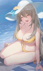 Rule 34 | 1girl, bare shoulders, beach, bikini, blue archive, blush, breasts, cleavage, closed eyes, collarbone, hat, highres, large breasts, light brown hair, long hair, navel, nonomi (blue archive), nonomi (swimsuit) (blue archive), ocean, open mouth, sb lama, shore, smile, solo, sun hat, swimsuit, thighs, white hat, yellow bikini