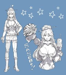 Rule 34 | 10s, 1girl, ;p, anchor, blue background, boots, breasts, burger, character sheet, collar, commentary request, crop top, cup, disposable cup, elbow gloves, fingerless gloves, food, food on body, full body, gloves, gufu (guffuumu), hair between eyes, hand on own hip, hat, holding, holding food, iowa (kancolle), kantai collection, large breasts, long hair, looking to the side, miniskirt, monochrome, navel, one eye closed, shirt, sidelocks, skirt, star-shaped pupils, star (symbol), symbol-shaped pupils, thighhighs, tied shirt, tongue, tongue out, translation request