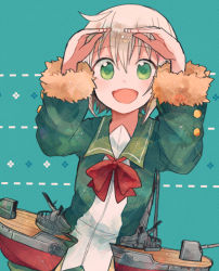 Rule 34 | 10s, 1girl, blonde hair, bow, bowtie, fur trim, green eyes, green jacket, green sailor collar, itomugi-kun, jacket, kantai collection, long sleeves, looking at viewer, machinery, open mouth, red bow, red bowtie, sailor collar, shimushu (kancolle), short hair, solo, upper body