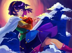 Rule 34 | belt, boots, brown belt, cape, chenna, cloud, commentary, dress, eyelashes, foot out of frame, hairband, highres, knee boots, lips, long sleeves, multicolored clothes, multicolored dress, multicolored hairband, nail polish, patchwork clothes, pointing, purple eyes, purple footwear, purple hair, purple nails, rainbow gradient, short hair, sky print, smile, tenkyuu chimata, touhou, zipper