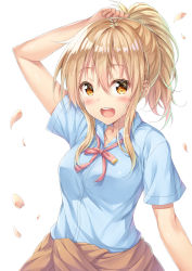 Rule 34 | 1girl, :d, arm up, blonde hair, blue shirt, breasts, brown sweater, clothes around waist, collared shirt, commentary, commentary request, dress shirt, hair between eyes, hand on own head, long hair, looking at viewer, love live!, love live! nijigasaki high school idol club, miyashita ai, nijigasaki school uniform, open mouth, petals, pink neckwear, ponytail, ribbon, school uniform, shirt, short sleeves, sidelocks, simple background, smile, solo, sweater, sweater around waist, symbol-only commentary, teeth, tomo wakui, uniform, upper body, upper teeth only, white background, yellow eyes