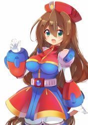 Rule 34 | 1girl, android, beret, breasts, brown hair, dress, female focus, gloves, green eyes, hair between eyes, hat, iris (mega man), large breasts, long hair, military hat, open mouth, rento (rukeai), mega man (series), mega man x (series), mega man x4, simple background, smile, solo, standing, very long hair, white background, white gloves