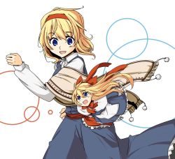 Rule 34 | 1girl, alice margatroid, apron, blonde hair, blue dress, blue eyes, bow, dress, flying, flying sweatdrops, hair bow, hairband, highres, long sleeves, lysander z, md5 mismatch, open mouth, scarf, shanghai doll, simple background, smile, touhou, waist apron, white background