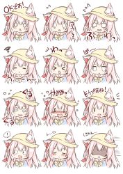 Rule 34 | !, &gt; &lt;, 1girl, :&lt;, :d, = =, @ @, ^^^, animal ears, azur lane, blush, bow, bowtie, cat ears, closed eyes, closed mouth, ears through headwear, expressionless, expressions, flying sweatdrops, hair between eyes, hair ribbon, hairband, hat, highres, jitome, kisaragi (azur lane), long hair, multiple views, nose blush, o o, open mouth, parted lips, pink hair, purinpurin, red ribbon, ribbon, school hat, shaded face, simple background, smile, spoken exclamation mark, squiggle, tears, translation request, triangle mouth, v-shaped eyebrows, white background, yellow hairband, yellow neckwear, | |, || ||