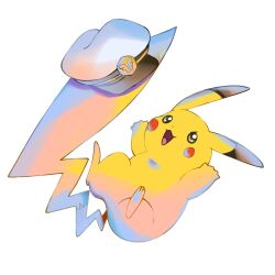 Rule 34 | captain pikachu, creatures (company), full body, game freak, gen 1 pokemon, hat, highres, military hat, nintendo, no humans, nose poke000, open mouth, pikachu, pokemon, pokemon (anime), pokemon (creature), pokemon horizons, simple background, solo, white background