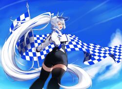 Rule 34 | 1girl, ;d, absurdres, black skirt, black thighhighs, blue eyes, blue sky, checkered flag, cloud, commentary, commission, english commentary, flag, gloves, highres, long hair, long sleeves, looking at viewer, mal (user yvfe5887), one eye closed, open mouth, original, outdoors, ponytail, race queen, skirt, sky, smile, solo, thighhighs, very long hair, visor cap, white gloves, white hair