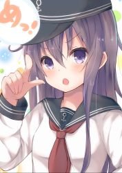 Rule 34 | 1girl, :o, akatsuki (kancolle), anchor symbol, arm up, black hat, black sailor collar, blush, breasts, commentary request, fingernails, flat cap, hair between eyes, hat, highres, kantai collection, long hair, long sleeves, neckerchief, open mouth, purple eyes, purple hair, red neckerchief, sailor collar, school uniform, serafuku, shirt, small breasts, solo, translation request, v-shaped eyebrows, white shirt, yuzuzukushi