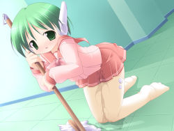 Rule 34 | blush, green eyes, green hair, hallway, mop, multi (to heart), pee, peeing, robot ears, school uniform, solo, thighhighs, to heart, to heart (series)