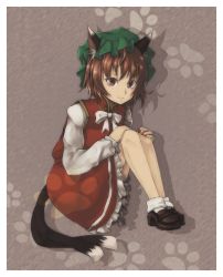 Rule 34 | 1girl, :3, animal ears, aoi mirin, blouse, brown background, brown eyes, brown hair, cat ears, cat tail, chen, frilled skirt, frills, hat, mob cap, multiple tails, nekomata, paw print, shirt, short hair, sitting, skirt, tail, touhou, two tails, vest