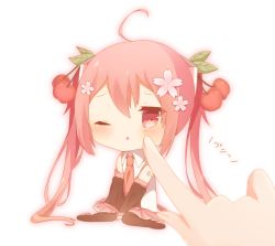 Rule 34 | 1girl, ahoge, aozoratama, bad id, bad pixiv id, blush, cheek poking, cherry blossoms, chibi, detached sleeves, eyebrows, flower, food, fruit, full body, hair flower, hair ornament, hands on lap, hatsune miku, highres, leaf, long hair, necktie, one eye closed, open mouth, pink eyes, pink hair, poking, sakura miku, sitting, size difference, skirt, text focus, thighhighs, twintails, very long hair, vocaloid, white background