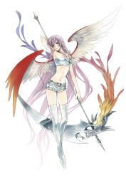 Rule 34 | 1girl, arm behind head, armpits, ashi, bare shoulders, jewelry, light purple hair, long hair, midriff, navel, necklace, original, scythe, shorts, simple background, solo, thighhighs, very long hair, white background, wings