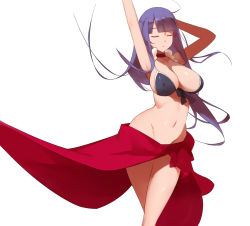 Rule 34 | 1girl, arm behind head, arms up, bad id, bad pixiv id, bikini, blunt bangs, breasts, choker, cleavage, closed eyes, collarbone, covered erect nipples, fate/grand order, fate (series), hime cut, hip focus, large breasts, long hair, martha (fate), martha (swimsuit ruler) (fate), martha (swimsuit ruler) (second ascension) (fate), navel, purple hair, sarong, solo, standing, swimsuit, walking, white background, yostxxx