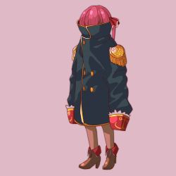 Rule 34 | 1girl, ankle boots, black coat, boots, coat, epaulettes, fold-over boots, full body, hair ribbon, high collar, high heels, hololive, houshou marine, oversized clothes, pink background, red hair, ribbon, sela (61931444), sleeves past wrists, solo, standing, thighhighs, twintails, virtual youtuber