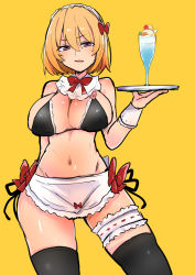 Rule 34 | 1girl, bare shoulders, bikini, blonde hair, bow, breasts, cocktail glass, cup, drinking glass, fang, highres, higurashi no naku koro ni, holding, holding plate, houjou satoko, large breasts, long28, maid, maid bikini, navel, open mouth, plate, red bow, simple background, solo, sweat, swimsuit, thighhighs, thighs, unconventional maid, yellow background