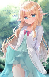 Rule 34 | 1girl, blonde hair, blue dress, blue eyes, blush, bow, braid, breasts, brooch, commentary request, dress, elf, flower, hair between eyes, hair flower, hair ornament, highres, indie virtual youtuber, jewelry, long hair, looking at viewer, nature, outdoors, pointy ears, sese nagi, skirt hold, small breasts, smile, soara (vtuber), solo, sunlight, very long hair, virtual youtuber