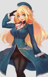 Rule 34 | 10s, 1girl, atago (kancolle), black gloves, black pantyhose, blonde hair, blush, breasts, gloves, green eyes, hat, highres, kantai collection, large breasts, long hair, looking at viewer, military, military uniform, open mouth, pantyhose, salute, simple background, sketch, smile, softmode, solo, uniform