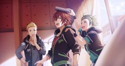 Rule 34 | 3boys, ahoge, amagase touma, blonde hair, blue eyes, book, book on head, bracelet, brown eyes, brown hair, fingernails, green eyes, green hair, grey shirt, hand on another&#039;s shoulder, hand on own hip, highres, hood, hoodie, idolmaster, idolmaster side-m, idolmaster side-m growing stars, ijuuin hokuto, indoors, jewelry, jupiter (idolmaster), long sleeves, male focus, mitarai shouta, multiple boys, necklace, object on head, official art, open mouth, red shirt, shirt, short sleeves, smile, sunlight, teeth, third-party source, upper teeth only, zipper