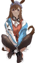 Rule 34 | 1girl, beanie, black footwear, black thighhighs, blue jacket, brown hair, closed mouth, collared shirt, ears through headwear, full body, grey hat, hat, headphones, headphones around neck, high tops, highres, horse girl, indian style, jacket, knees up, long hair, long sleeves, nakayama festa (umamusume), off shoulder, open clothes, open jacket, red eyes, red vest, shirt, shoes, simple background, sitting, skirt, smile, sneakers, solo, thighhighs, uki kumo, umamusume, v-neck, v arms, vest, white background, white shirt, white skirt