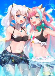 Rule 34 | 2girls, :d, aqua ribbon, armpits, bad id, bad pixiv id, bandana, bikini, bikini skirt, black skirt, blue eyes, blue hair, breasts, choker, cleavage, collarbone, commentary request, d-pad, d-pad hair ornament, day, fang, hair ornament, highres, kaguya luna, lens flare, long hair, looking at viewer, medium breasts, multicolored hair, multiple girls, navel, one side up, open mouth, outdoors, peta (snc7), pink hair, pinky pop hepburn, ribbon, ribbon choker, skin fang, skirt, small breasts, smile, sparkle, swimsuit, the moon studio, twintails, two-tone hair, virtual youtuber, wading, water, water drop, white bandana, white hair, white skirt, x hair ornament
