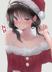 Rule 34 | 1girl, anger vein, bare shoulders, black hair, blush, christmas, clenched teeth, collarbone, commentary, crop top, embarrassed, flat chest, frown, fur trim, furrowed brow, grey background, hand up, hat, highres, long hair, low twintails, off-shoulder shirt, off shoulder, original, parted lips, pom pom (clothes), purple eyes, red hat, red shirt, rinku (rin9), santa costume, santa hat, shirt, short sleeves, simple background, solo, spoken anger vein, tearing up, teeth, twintails, uneven eyes, upper body, v-shaped eyebrows, wavy mouth