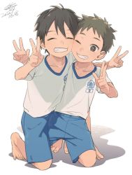 Rule 34 | 2boys, 50off, barefoot, black hair, blue shorts, brown hair, character request, cheek press, child, collarbone, copyright request, dated, closed eyes, grin, gym shirt, gym shorts, gym uniform, logo, male focus, multiple boys, one eye closed, print clothes, print shirt, shirt, short sleeves, shorts, signature, smile, source request, v, white shirt, wink