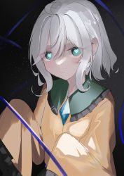 Rule 34 | 1girl, absurdres, black background, closed mouth, green eyes, grey hair, hair between eyes, heart, heart-shaped pupils, highres, komeiji koishi, l neconeco l, long sleeves, looking at viewer, shirt, short hair, sidelocks, simple background, solo, symbol-shaped pupils, touhou, upper body, wide sleeves, yellow shirt