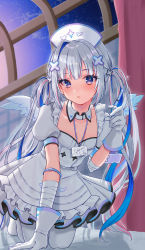 Rule 34 | 1girl, :o, amane kanata, amane kanata (nurse), angel wings, armband, bandages, blue hair, blush, collarbone, colored inner hair, dress, feathered wings, flat chest, frilled dress, frills, full body, gloves, hair ornament, hat, highres, holding, holding syringe, hololive, id card, kneeling, lanyard, leaning forward, long hair, looking at viewer, low twintails, multicolored hair, nurse cap, oekakikei, open mouth, pantyhose, purple eyes, rubber gloves, skylight, solo, streaked hair, syringe, twintails, two-tone hair, underwear, very long hair, virtual youtuber, watermark, white dress, white gloves, white hair, white hat, white pantyhose, wings, x hair ornament
