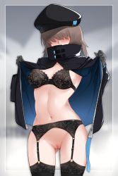 Rule 34 | 1girl, absurdres, arknights, black bra, black gloves, black headwear, black jacket, black thighhighs, blurry, blurry background, blush, bottomless, bra, breasts, brown hair, cleft of venus, cowboy shot, depth of field, facing viewer, garter belt, gloves, gluteal fold, grey background, hair over eyes, high collar, highres, jacket, lace, lace-trimmed bra, lace trim, long hair, long sleeves, medium breasts, navel, open clothes, open jacket, pussy, reserve operator (arknights), skindentation, solo, stomach, thighhighs, uncensored, underwear, undressing, unzipped, z.taiga