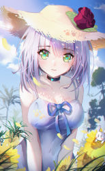Rule 34 | 1girl, absurdres, alternate breast size, alternate costume, ayan (1593817922), bare shoulders, bent over, blunt bangs, breasts, casual, choker, cleavage, collarbone, commentary request, contemporary, dress, eyes visible through hair, field, flower, flower field, genshin impact, green eyes, hat, hat flower, hat ornament, highres, light purple hair, looking at viewer, medium breasts, noelle (genshin impact), red flower, red rose, rose, short hair, sidelocks, signature, sleeveless, solo, spaghetti strap, straw hat, sun hat, sunflower, sunflower field, v arms, white dress
