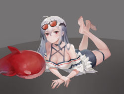 Rule 34 | 1girl, ahoge, arknights, ass, bare shoulders, barefoot, black choker, breasts, choker, cleavage, commentary, eyewear on head, grey background, grey shorts, hair between eyes, hair ornament, highres, inflatable orca, inflatable toy, large breasts, long hair, looking at viewer, lying, no headwear, off-shoulder shirt, off shoulder, official alternate costume, on stomach, qingshu, red eyes, shirt, short shorts, short sleeves, shorts, silver hair, skadi (arknights), skadi (waverider) (arknights), solo, sunglasses, the pose, thigh strap, thighs, whale hair ornament, white shirt