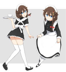 Rule 34 | 1girl, absurdres, alternate costume, apron, black dress, black footwear, blue eyes, bow, braid, brown hair, cup, dress, enmaided, frilled dress, frills, grey background, hair between eyes, hair bow, hair flaps, hair ornament, hair over shoulder, highres, holding, holding tray, kantai collection, long hair, maid, maid headdress, multiple views, red bow, remodel (kantai collection), sakikumo (sakumo), shigure (kancolle), shoes, short dress, single braid, thighhighs, tray, two-tone background, white apron, white background, white thighhighs