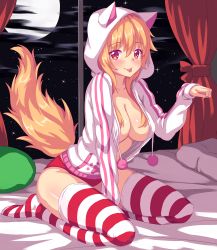 Rule 34 | 1girl, :p, animal hood, artist self-insert, bed, bed sheet, between legs, blonde hair, breasts, buruma, cat hood, cat tail, cleavage, closed mouth, cloud, collarbone, colored eyelashes, curtains, full body, full moon, hair between eyes, hand between legs, hand up, highres, hood, hood up, hooded jacket, indoors, jacket, large breasts, leaning forward, long hair, long sleeves, looking at viewer, moon, night, night sky, no bra, no pants, nottytiffy, on bed, open clothes, open jacket, original, paw pose, paw print, pom pom (clothes), red eyes, shiny skin, sky, sleeves past wrists, slit pupils, smile, solo, striped clothes, striped thighhighs, tail, thighhighs, tiffy (nottytiffy), tongue, tongue out, window