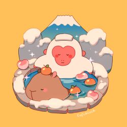 Rule 34 | animal focus, artist name, blush stickers, capybara, closed eyes, closed mouth, commentary, english commentary, food, food on head, fruit, fruit on head, happy, japanese macaque, jauni (tofublock), monkey, mount fuji, no humans, object on head, onsen, orange (fruit), original, peach, relaxing, simple background, snow, sparkle, towel, towel on head, u u, water, yellow background