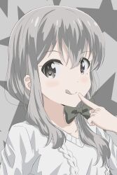 Rule 34 | 1girl, blush, bow, collarbone, dot nose, female focus, green eyes, grey background, grey hair, hair bow, highres, koisuru asteroid, long hair, looking at viewer, mole, mole under eye, morino mari, pointing, pointing at self, qb (qb46311027), solo, tongue, tongue out, upper body