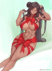 1girl abs absurdres black_hair breasts dark-skinned_female dark_skin hair_bun highres large_breasts long_hair looking_at_viewer muscular naked_ribbon navel original red_eyes red_ribbon ribbon sitting smile solo tezy8art thick_thighs thighs very_long_hair