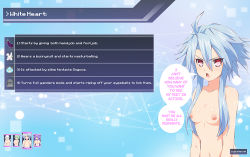 Rule 34 | 4girls, angry, bare arms, belly, black heart (neptunia), blanc (neptunia), blue-senpai, blue hair, breasts, english text, eyes visible through hair, green heart (neptunia), hair between eyes, multiple girls, navel, neptune (neptunia), neptune (series), nipples, noire (neptunia), nude, open mouth, purple heart (neptunia), red eyes, shiny skin, small breasts, solo, vert (neptunia), white heart (neptunia)