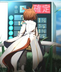 Rule 34 | 1girl, agnes tachyon (umamusume), ahoge, animal ears, black pantyhose, brown hair, cork, earrings, feet out of frame, from behind, highres, horse ears, horse girl, horse racing track, janome de omukae, jewelry, lab coat, messy hair, pantyhose, short hair, single earring, sleeves past fingers, sleeves past wrists, solo, sweater, test tube, umamusume, yellow sweater