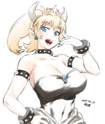 Rule 34 | 1girl, armlet, bad id, bad tumblr id, bare shoulders, black dress, black nails, blonde hair, blue eyes, bowsette, breasts, brooch, cleavage, collar, covered navel, crown, dated, dress, earrings, fingernails, hand on own hip, horns, jewelry, large breasts, lips, long hair, looking at viewer, mario (series), medium hair, nail polish, new super mario bros. u deluxe, nintendo, ojou-sama pose, open mouth, pointy ears, ponytail, sharp fingernails, sharp teeth, slit pupils, solo, strapless, strapless dress, studded armlet, studded bracelet, studded collar, super crown, teeth, thick eyebrows, tsukudani (coke-buta)