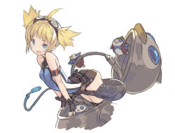 Rule 34 | 10s, 1girl, :d, ahoge, animal costume, armlet, ass, bare shoulders, bird, black gloves, blade (galaxist), blonde hair, blue eyes, fang, fingerless gloves, gloves, goggles, goggles on head, granblue fantasy, leaning forward, open mouth, pengie, penguin, penguin costume, short hair, short shorts, short twintails, shorts, simple background, smile, solo, twintails, white background