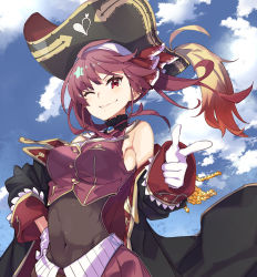 Rule 34 | 1girl, arrow through heart, ascot, bicorne, black coat, black hat, blue sky, bodystocking, breasts, brooch, closed mouth, cloud, cloudy sky, coat, collar, commentary, covered navel, cowboy shot, cropped jacket, day, finger gun, frilled collar, frills, gloves, grin, hand on own hip, hat, highres, hololive, houshou marine, jacket, jewelry, leotard, leotard under clothes, looking at viewer, medium breasts, medium hair, miniskirt, no eyepatch, off shoulder, one eye closed, open clothes, open coat, outdoors, pirate hat, pleated skirt, pointing, pointing at viewer, red ascot, red eyes, red hair, red jacket, red skirt, see-through, see-through leotard, skirt, sky, sleeveless, sleeveless jacket, smile, solo, twintails, two-tone skirt, ushiki yoshitaka, virtual youtuber, white gloves, white skirt, wind