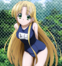 Rule 34 | 10s, 1girl, asia argento, blonde hair, blue one-piece swimsuit, character name, cowboy shot, day, fence, green eyes, hair intakes, high school dxd, highres, long hair, one-piece swimsuit, outdoors, school swimsuit, screencap, solo, standing, stitched, swimsuit, third-party edit, very long hair