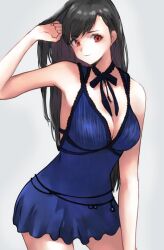 Rule 34 | 1girl, bare arms, bare shoulders, black hair, blue dress, blue negligee, breasts, choker, cleavage, closed mouth, cowboy shot, dress, final fantasy, final fantasy vii, final fantasy vii remake, grey background, hand in own hair, highres, large breasts, lingerie, long hair, negligee, official alternate costume, pulupulupoodle, red eyes, ribbon choker, short dress, smile, solo, tifa lockhart, tifa lockhart (refined dress), underwear