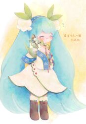 Rule 34 | 1girl, :3, ainu clothes, aqua hair, blue hairband, blush, boots, brown footwear, capelet, chibi, closed eyes, commentary, dated, dress, flower, flying sweatdrops, full body, fur-trimmed boots, fur trim, gold trim, hair flower, hair ornament, hairband, hands on own chest, hatsune miku, headphones, highres, holding, holding flower, hoop skirt, lily of the valley, long hair, rabbit yukine, rowan, smile, snowflake print, solo, standing, symbol-only commentary, taran (tara ran125), twintails, very long hair, vocaloid, white capelet, white dress, white flower, yellow background, yuki miku, yuki miku (2015)
