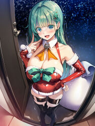 Rule 34 | 1girl, absurdres, aqua eyes, aqua hair, bag, black footwear, blunt bangs, blush, boots, breasts, christmas tree hair ornament, cleavage, cold, commentary request, covered navel, detached collar, detached sleeves, door, doorway, dress, fisheye, gloom (expression), hair ornament, hand on own hip, highres, kantai collection, knee boots, large breasts, long hair, looking at viewer, night, red dress, santa costume, santa dress, smile, snow, suzuya (kancolle), thigh strap, torisan, trembling
