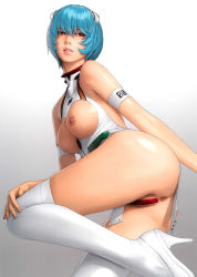 Rule 34 | 1girl, absurdres, anus, anus only, arm strap, ass, ayanami rei, bare shoulders, blue hair, bottomless, breast cutout, breasts, from below, hand on own knee, headgear, high heels, highres, leg up, leotard, looking at viewer, looking back, maebari, medium breasts, neon genesis evangelion, nipples, parted lips, partially visible vulva, plugsuit, red eyes, short hair, sideless outfit, skindentation, sleeveless, solo, thighhighs, thighs, unbuttoned, watanabe yasuaki, white leotard, white thighhighs
