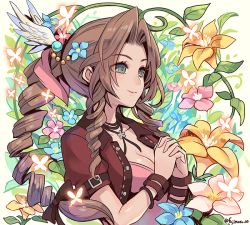 Rule 34 | 1girl, aerith gainsborough, black ribbon, blue eyes, blue flower, breasts, brown hair, bug, butterfly, cleavage, closed mouth, cropped jacket, drill hair, eyes visible through hair, final fantasy, final fantasy vii, final fantasy vii remake, fingers together, flower, fujimaru (green sparrow), hair flower, hair intakes, hair ornament, hair ribbon, insect, jacket, jewelry, long hair, medium breasts, necklace, open clothes, open jacket, own hands clasped, own hands together, pink flower, puffy short sleeves, puffy sleeves, red jacket, ribbon, short sleeves, smile, solo, upper body, yellow flower