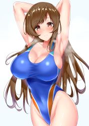 Rule 34 | 1girl, armpits, arms behind head, arms up, bare shoulders, blue one-piece swimsuit, blush, breasts, brown eyes, brown hair, cleavage, closed mouth, collarbone, commentary request, competition swimsuit, covered navel, heavy breathing, highleg, highleg swimsuit, highres, hip focus, idolmaster, idolmaster cinderella girls, large breasts, long hair, looking at viewer, nitta minami, one-piece swimsuit, sankakusui, simple background, smell, smile, solo, swept bangs, swimsuit, thighs, white background