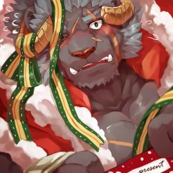 Rule 34 | 1boy, absurdres, bara, blue hair, blush, broken horn, curled horns, eyebrow cut, facial scar, fangs, flying sweatdrops, from above, fur-trimmed jacket, fur trim, furry, furry male, grey fur, highres, horns, jacket, krampus (housamo), long sideburns, looking at viewer, male focus, mature male, medium hair, mowang yu, muscular, muscular male, official alternate costume, one eye closed, open clothes, open jacket, pectoral cleavage, pectorals, portrait, red jacket, santa costume, scar, scar across eye, scar on cheek, scar on chest, scar on face, scar on forehead, scar on nose, sideburns, solo, thick eyebrows, tokyo houkago summoners, upper body