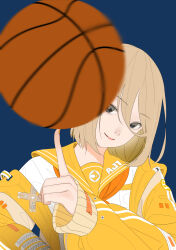 Rule 34 | 1girl, absurdres, ball, bananafish1111, basketball (object), black eyes, blonde hair, blue background, commentary, english commentary, hair between eyes, highres, jacket, looking at viewer, orange nails, original, school uniform, serafuku, short hair, simple background, smile, solo